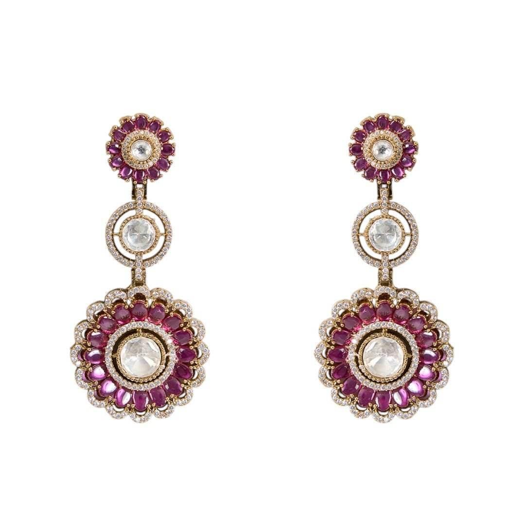 Antique Gold and Pink Enamel Floral Statement Earrings - Auraa Trends