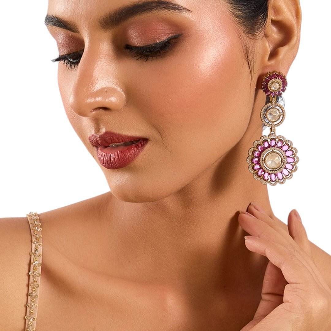 Antique Gold and Pink Enamel Floral Statement Earrings - Auraa Trends