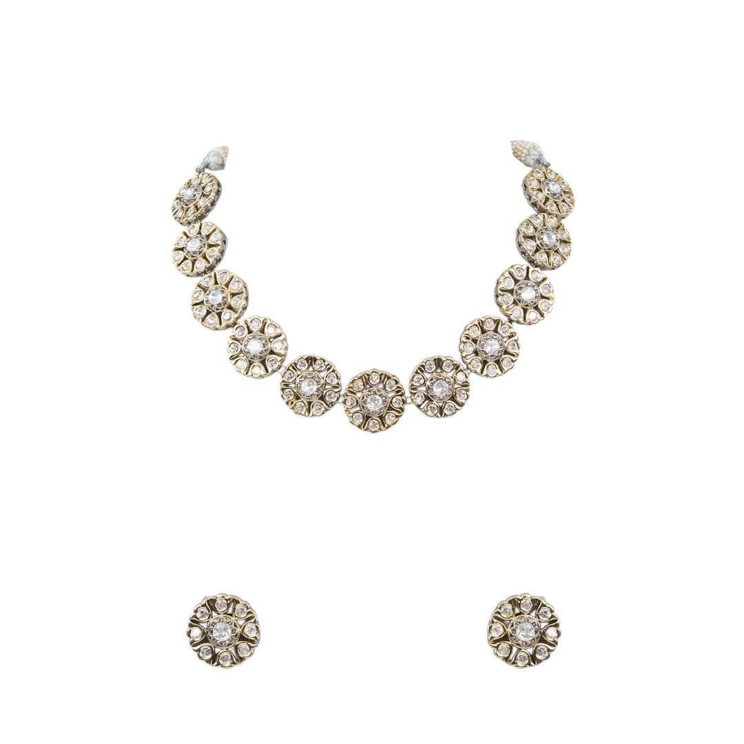Antique Gold Floral Kundan Choker Necklace Set with Stud Earrings - Auraa Trends
