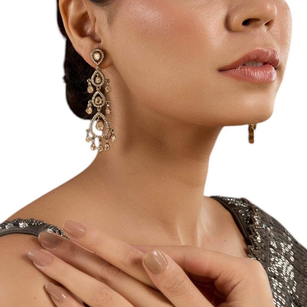 Antique Gold Multi-Drop Kundan Earrings with Champagne Beads - Auraa Trends