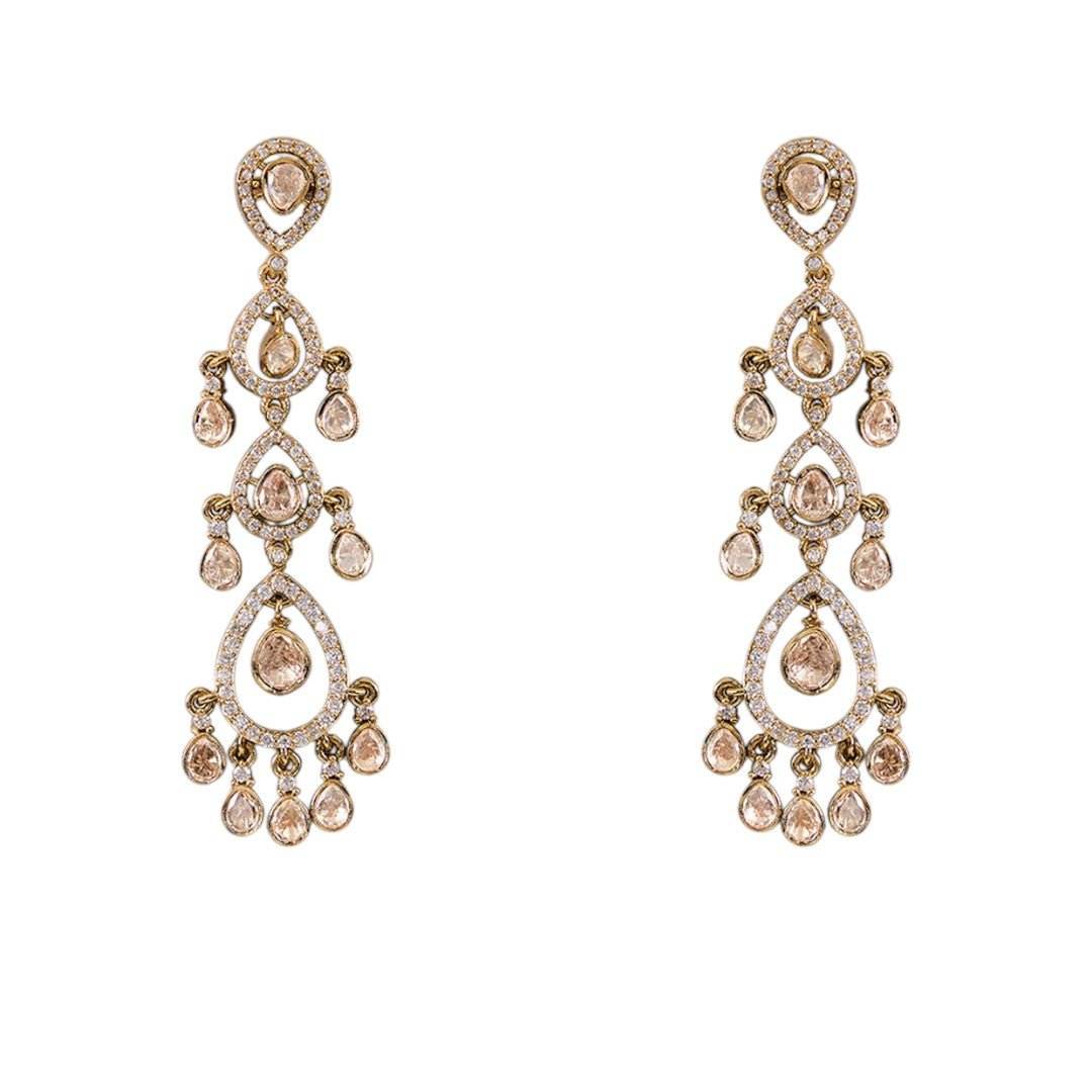 Antique Gold Multi-Drop Kundan Earrings with Champagne Beads - Auraa Trends