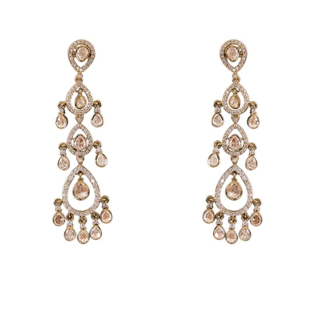 Antique Gold Multi-Drop Kundan Earrings with Champagne Beads - Auraa Trends