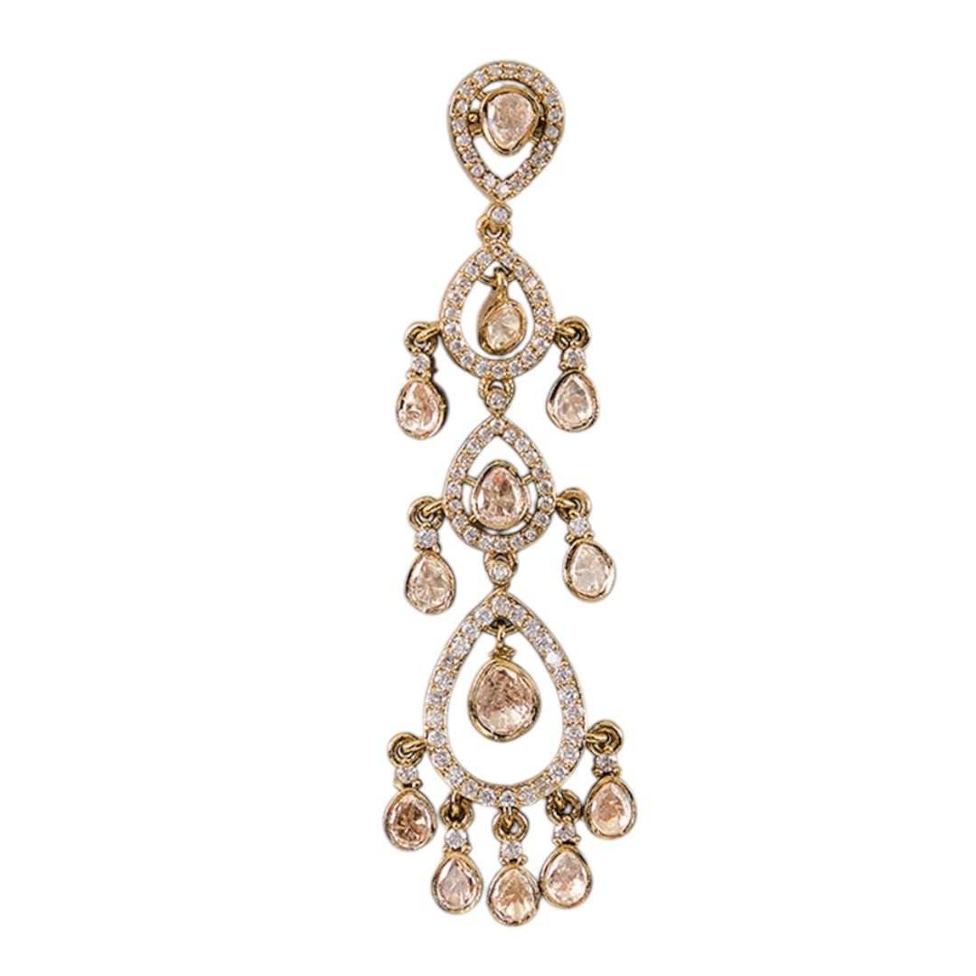 Antique Gold Multi-Drop Kundan Earrings with Champagne Beads - Auraa Trends