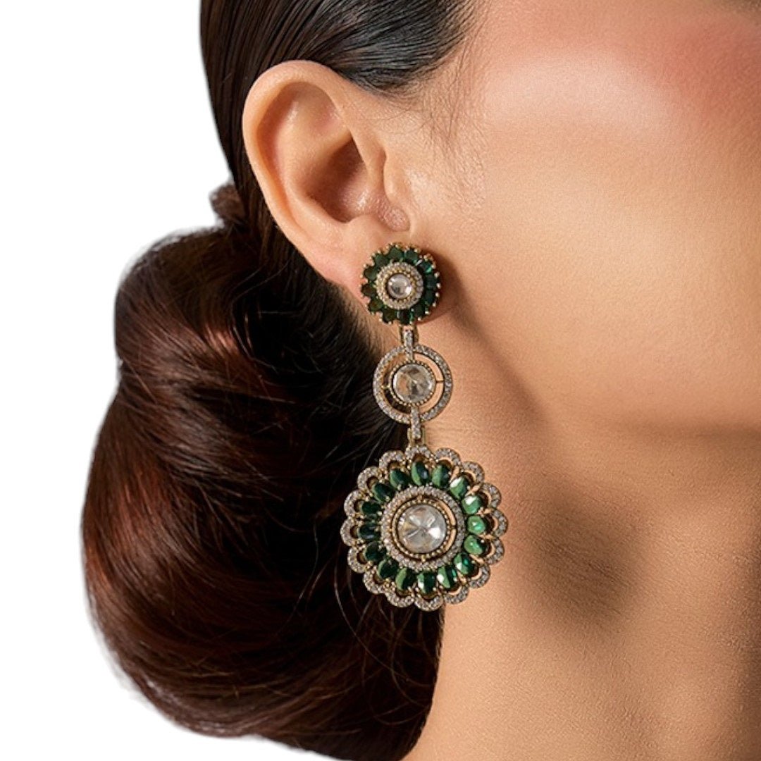 Antique Gold - Plated Green Kundan Floral Dangle Earrings for Women - Auraa Trends - Earrings - - Auraa Trends - Green and gold kundan floral dangler earrings with polki stones – ethnic Indian jewelry