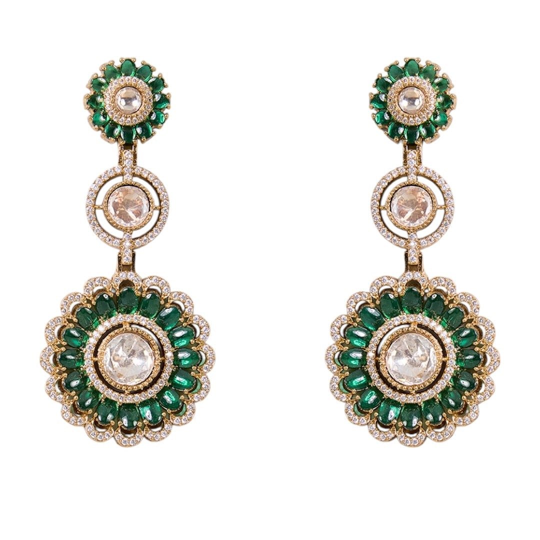 Antique Gold - Plated Green Kundan Floral Dangle Earrings for Women - Auraa Trends - Earrings - - Auraa Trends - Green and gold kundan floral dangler earrings with polki stones – ethnic Indian jewelry