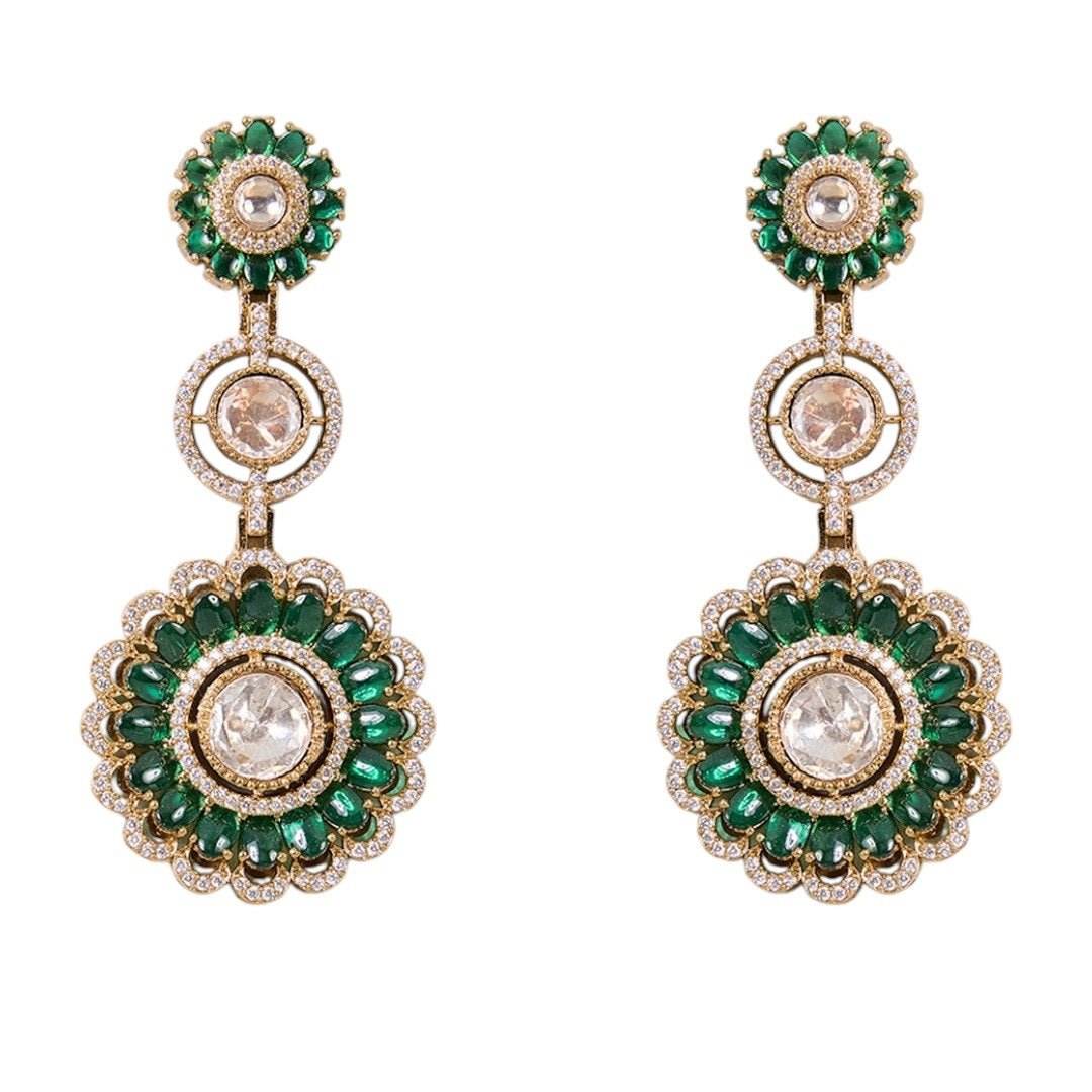 Antique Gold-Plated Green Kundan Floral Dangle Earrings for Women - Auraa Trends