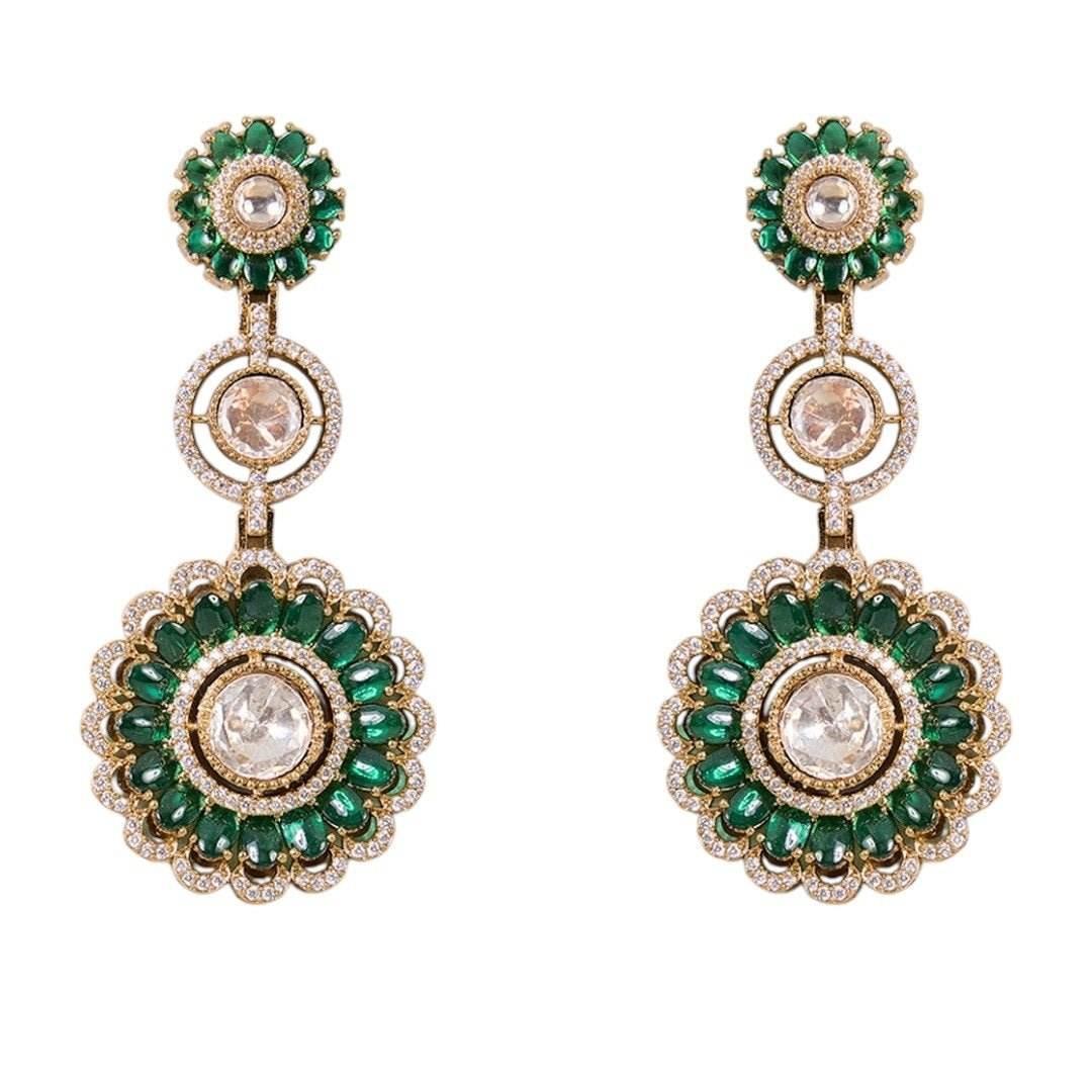 Antique Gold-Plated Green Kundan Floral Dangle Earrings for Women - Auraa Trends