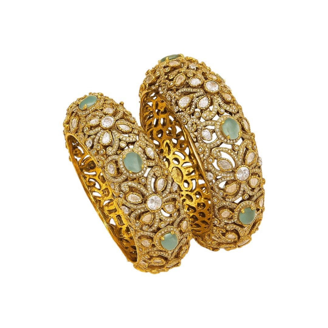 Antique Gold - Plated Kundan Bangles with Green Stone & Polki Floral Design - Auraa Trends - Bangles - - Auraa Trends - "Antique gold - plated kundan bangles with green gemstone and polki floral design – bridal traditional jewelry set"