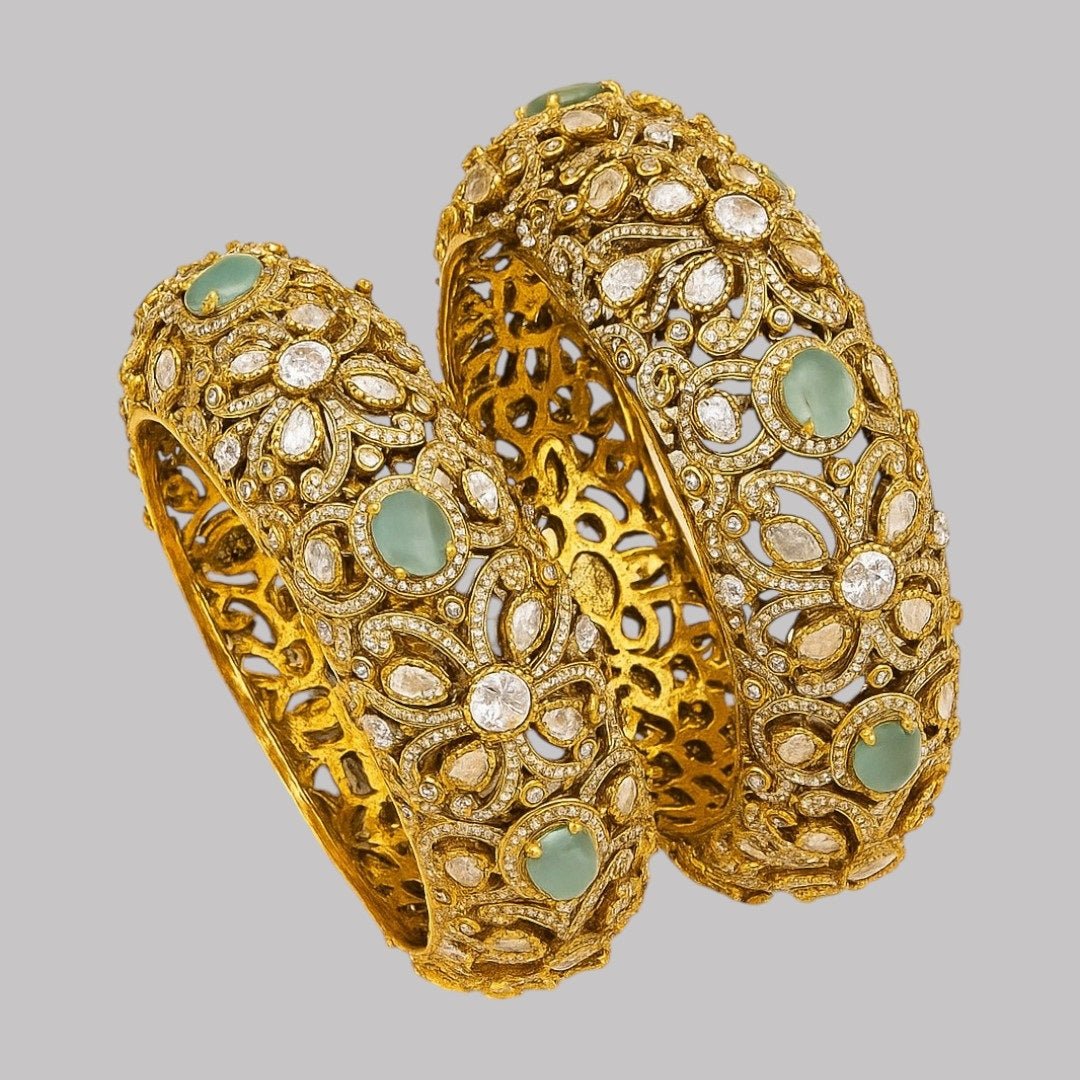 Antique Gold - Plated Kundan Bangles with Green Stone & Polki Floral Design - Auraa Trends - Bangles - - Auraa Trends - "Antique gold - plated kundan bangles with green gemstone and polki floral design – bridal traditional jewelry set"