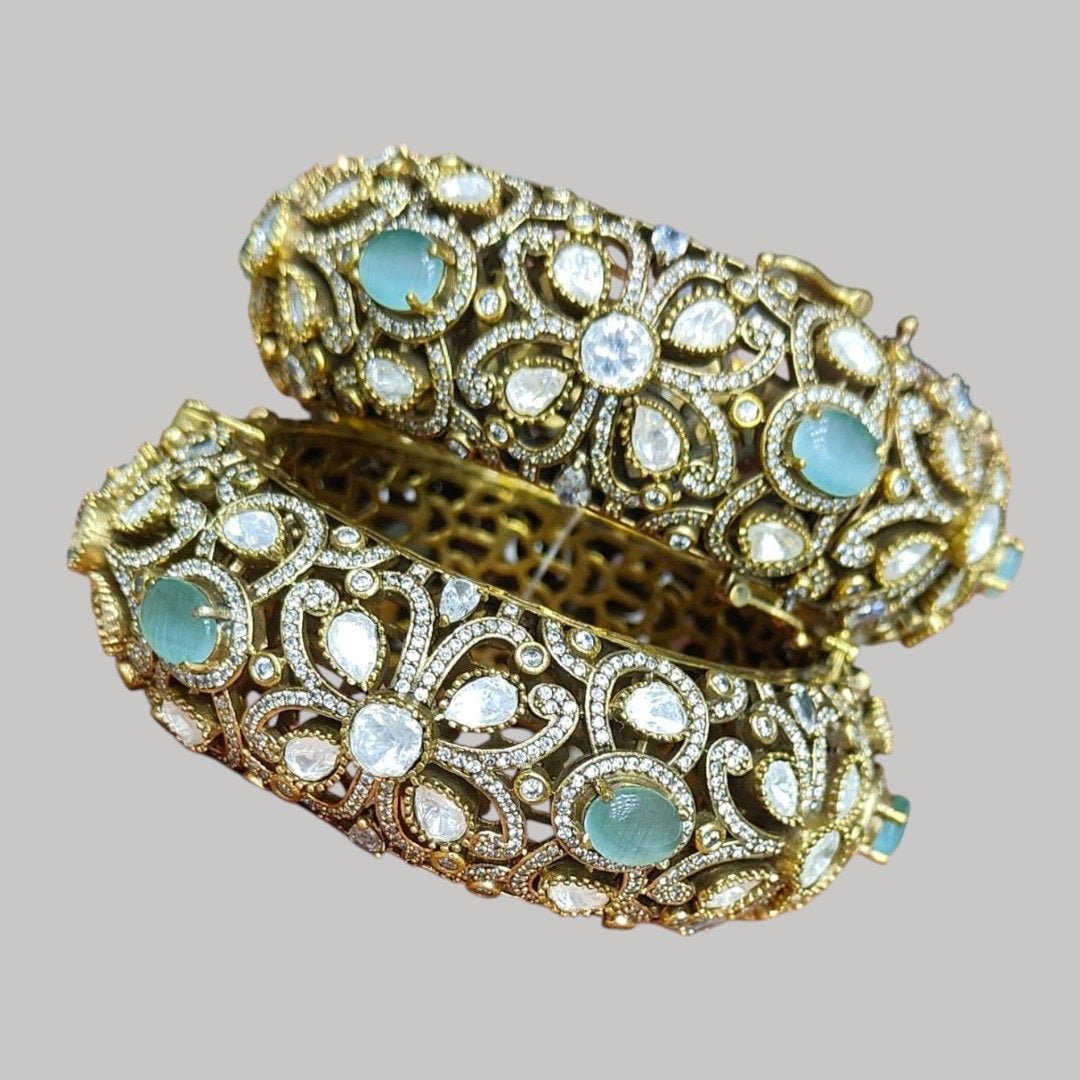 Antique Gold - Plated Kundan Bangles with Green Stone & Polki Floral Design - Auraa Trends - Bangles - - Auraa Trends - "Antique gold - plated kundan bangles with green gemstone and polki floral design – bridal traditional jewelry set"