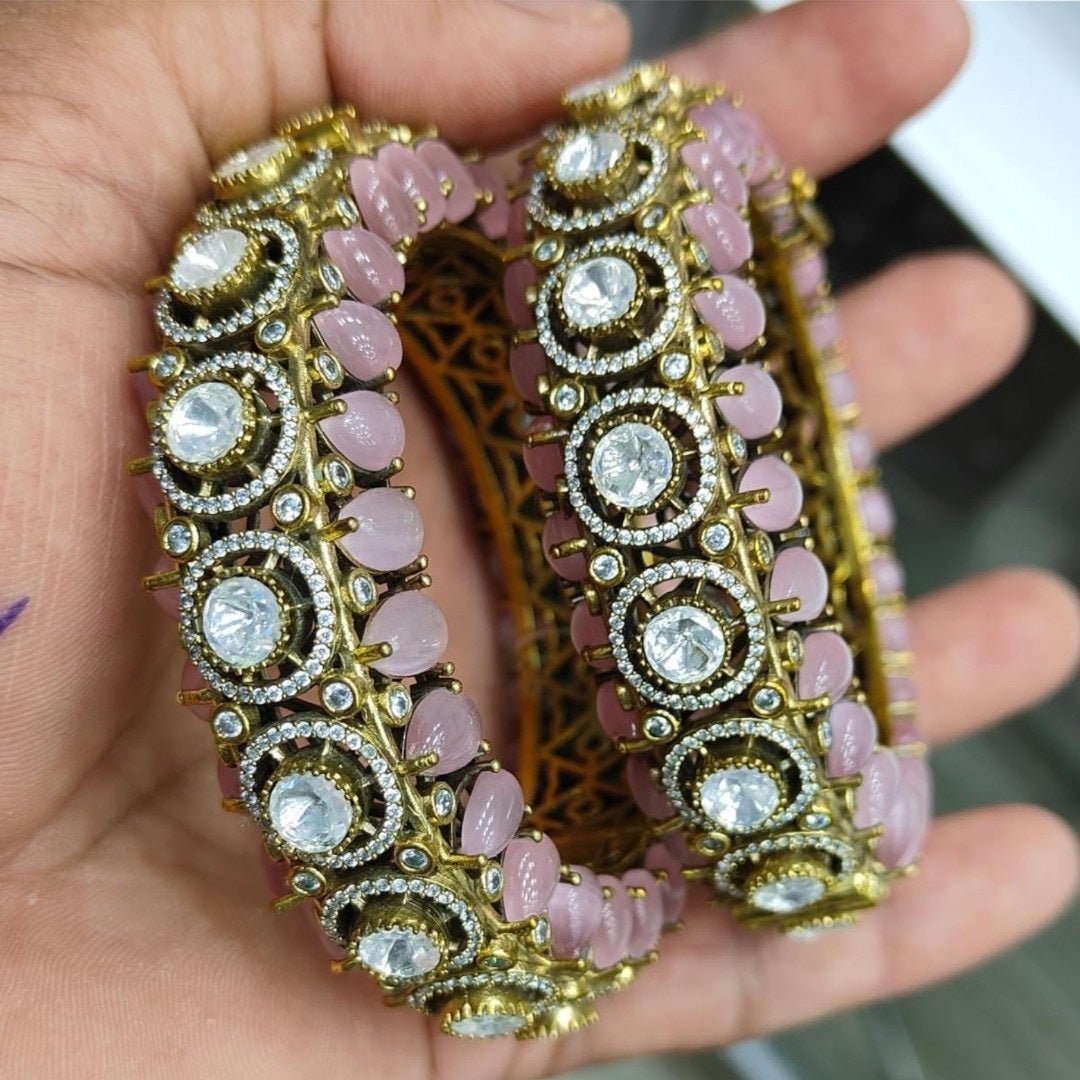 Antique Gold - Plated Kundan Bangles with Pink Stones & Polki Detailing - Auraa Trends - Bangles - - Auraa Trends - "Antique gold - plated kundan bangles with pink stones and polki circular design – bridal and festive jewelry set"
