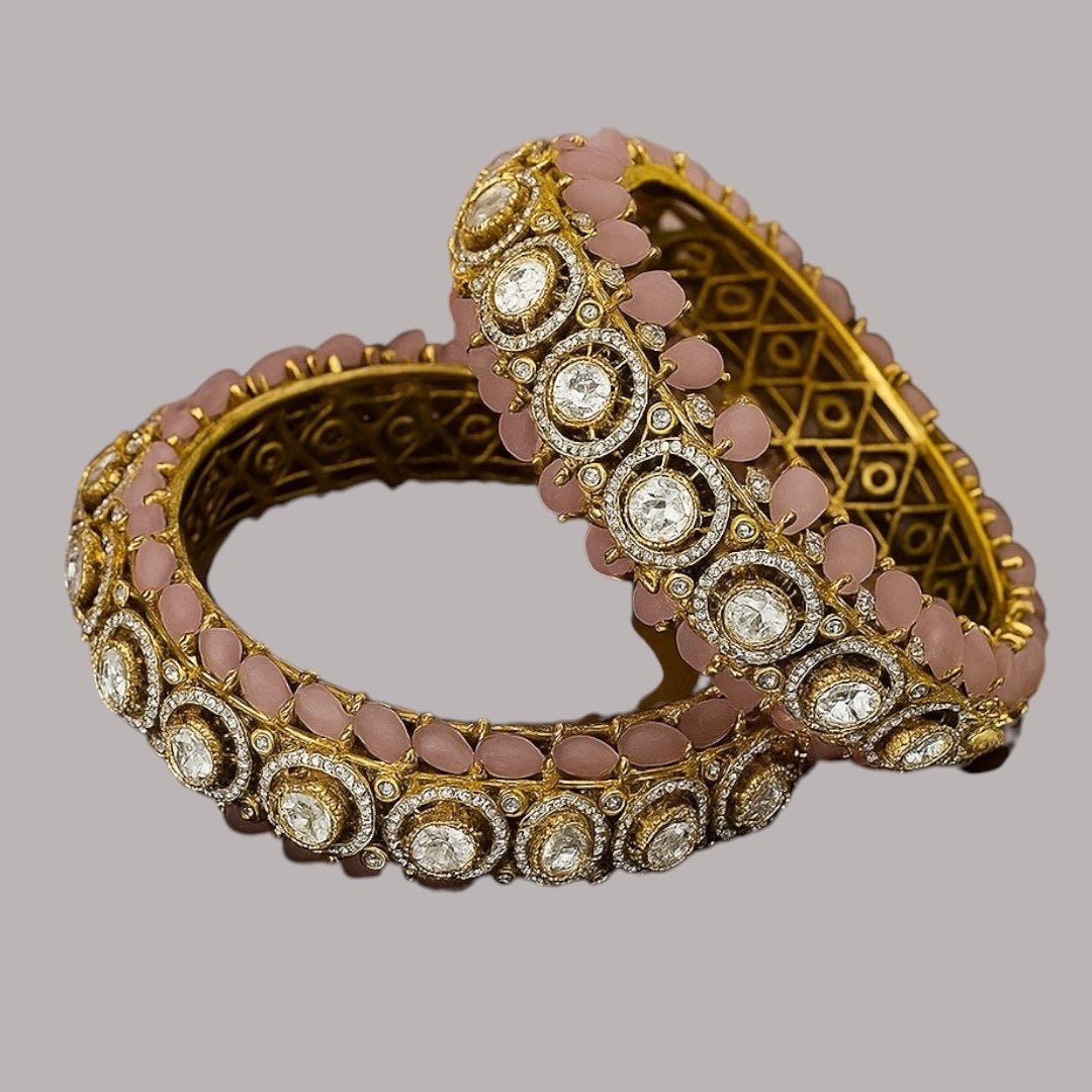 Antique Gold - Plated Kundan Bangles with Pink Stones & Polki Detailing - Auraa Trends - Bangles - - Auraa Trends - "Antique gold - plated kundan bangles with pink stones and polki circular design – bridal and festive jewelry set"