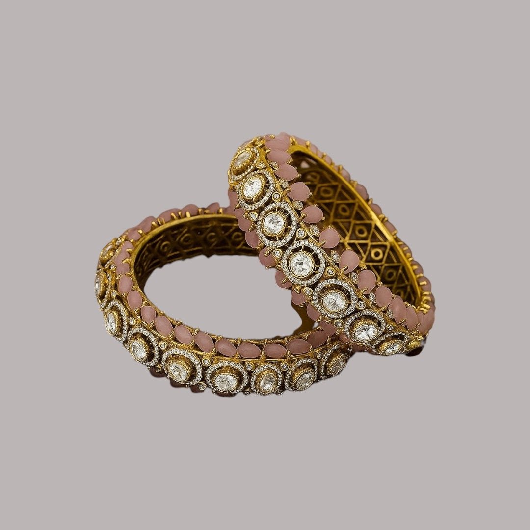 Antique Gold - Plated Kundan Bangles with Pink Stones & Polki Detailing - Auraa Trends - Bangles - - Auraa Trends - "Antique gold - plated kundan bangles with pink stones and polki circular design – bridal and festive jewelry set"