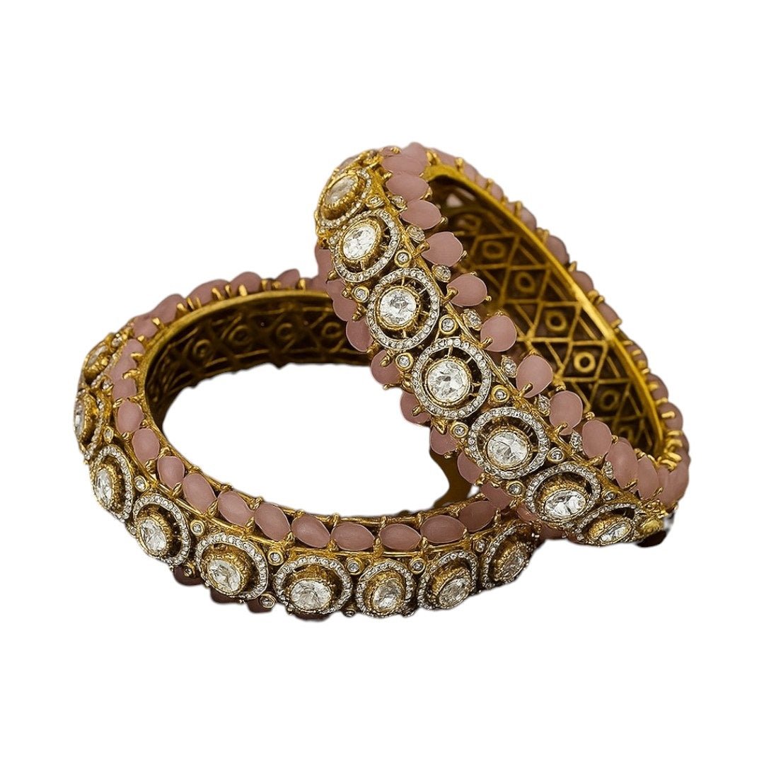 Antique Gold - Plated Kundan Bangles with Pink Stones & Polki Detailing - Auraa Trends - Bangles - - Auraa Trends - "Antique gold - plated kundan bangles with pink stones and polki circular design – bridal and festive jewelry set"