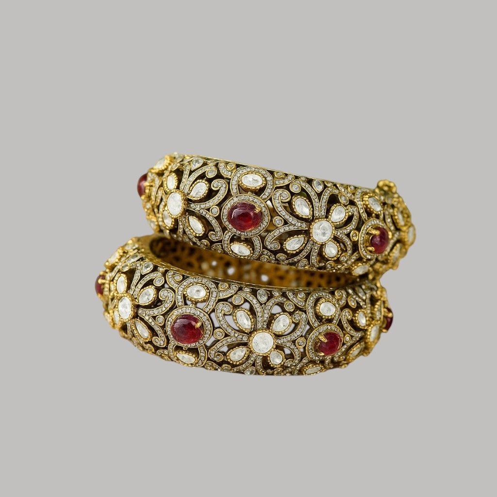Antique Gold - Plated Kundan Bangles with Red Stone & Polki Floral Design - Auraa Trends - Bangles - - Auraa Trends - "Antique gold - plated kundan bangles with red gemstone and polki floral design – bridal traditional jewelry set"
