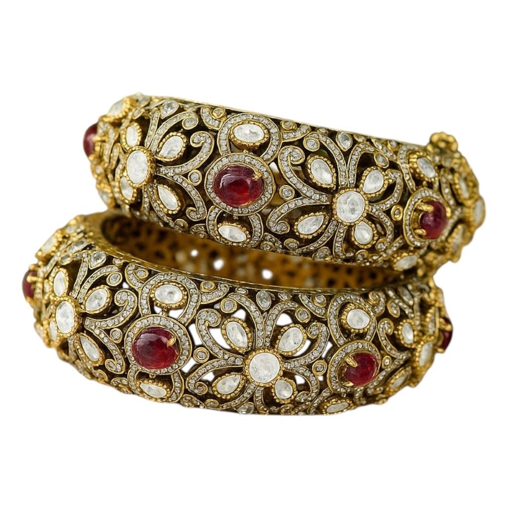 Antique Gold - Plated Kundan Bangles with Red Stone & Polki Floral Design - Auraa Trends - Bangles - - Auraa Trends - "Antique gold - plated kundan bangles with red gemstone and polki floral design – bridal traditional jewelry set"