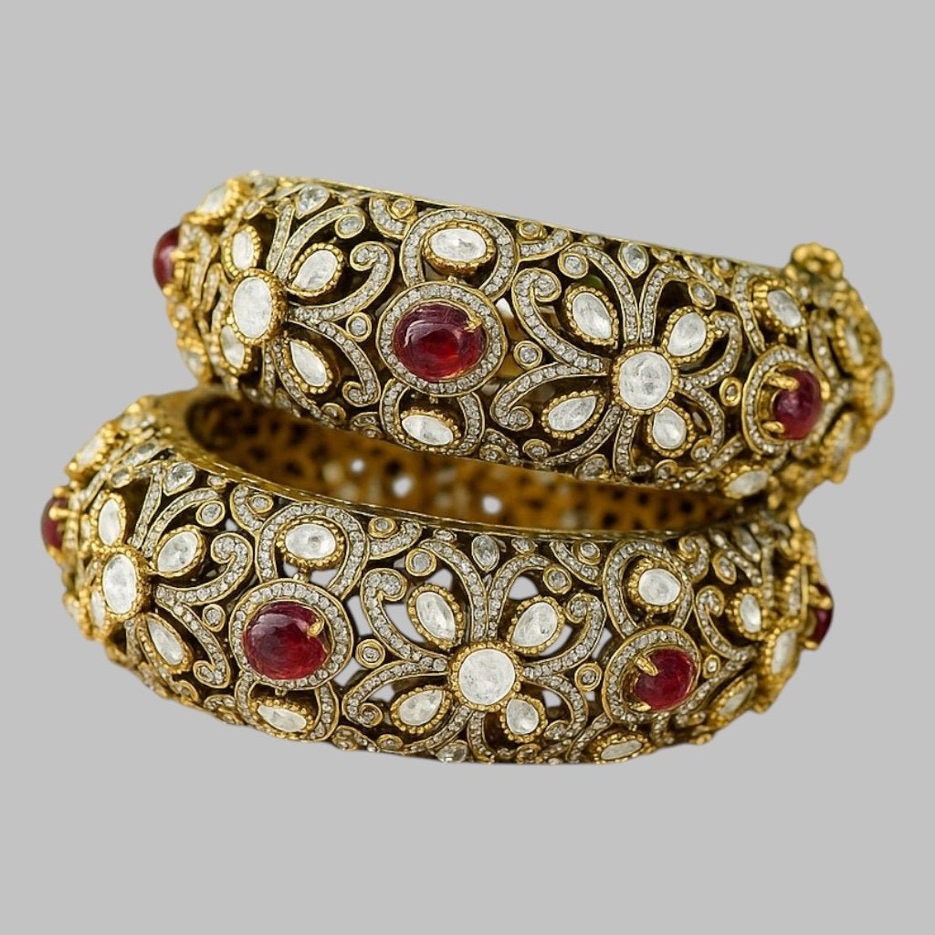Antique Gold - Plated Kundan Bangles with Red Stone & Polki Floral Design - Auraa Trends - Bangles - - Auraa Trends - "Antique gold - plated kundan bangles with red gemstone and polki floral design – bridal traditional jewelry set"