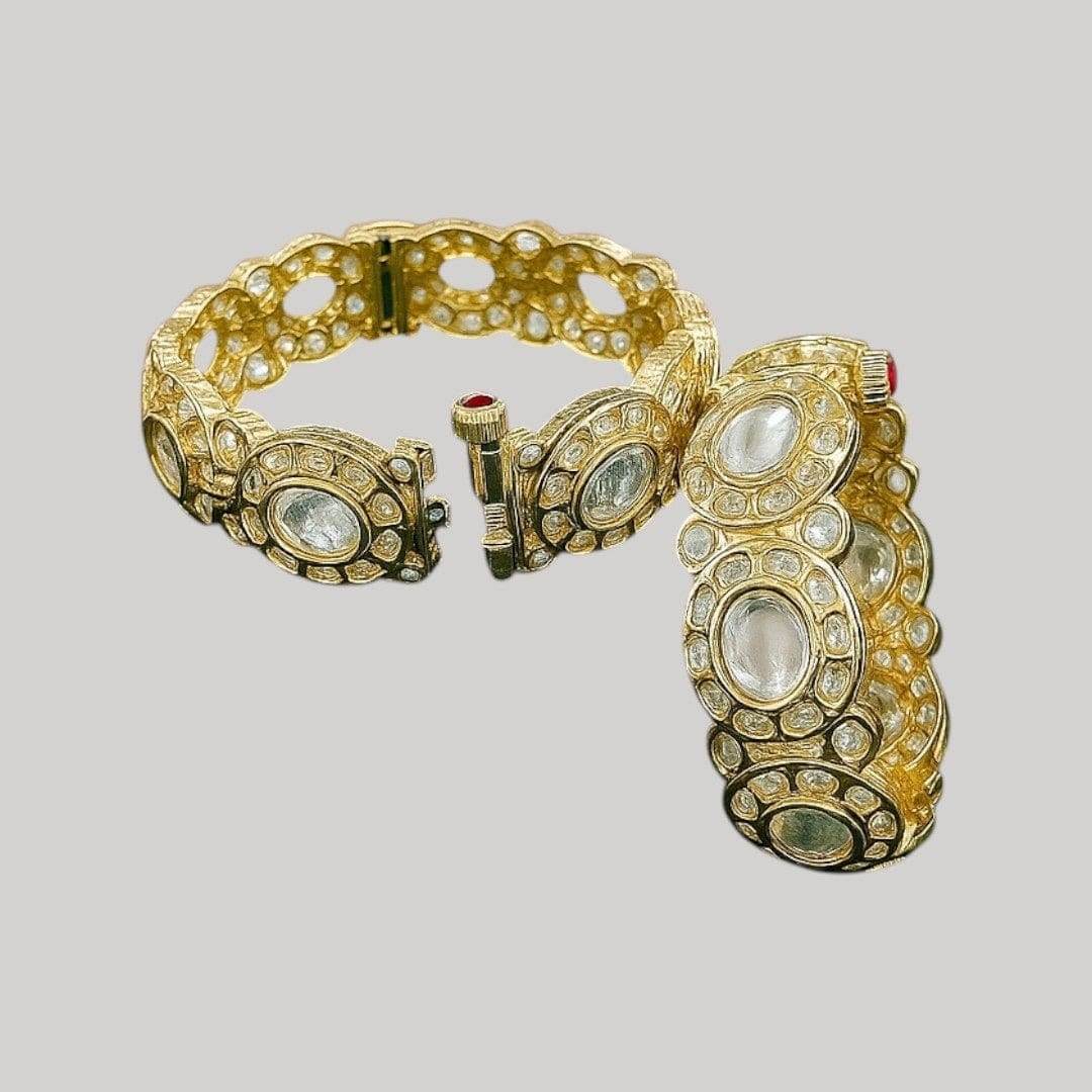 Antique Gold-Plated Kundan Kada Bangles with Red Accents - Auraa Trends