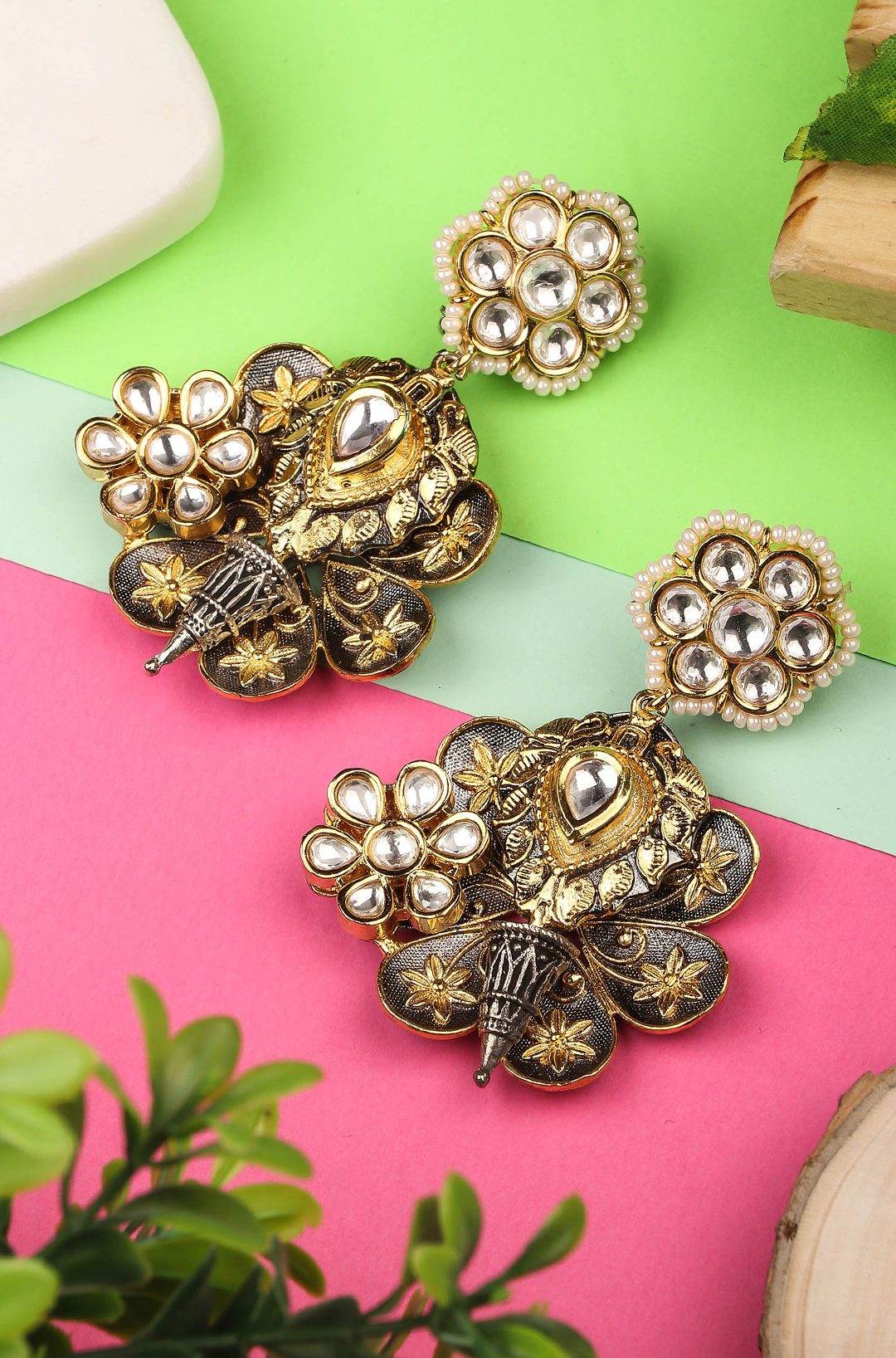 Antique Gold-Plated Moissanite Floral Drop Earrings - Auraa Trends