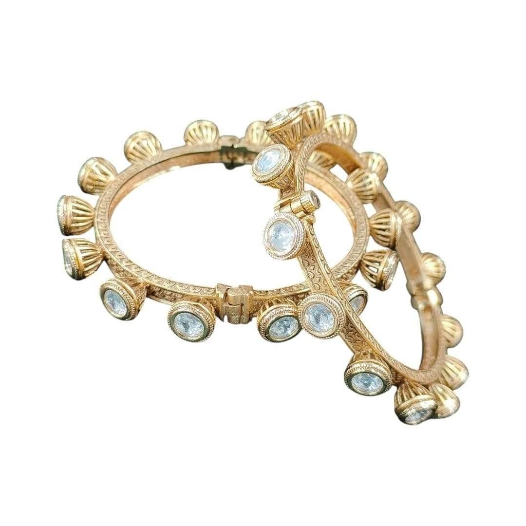 Antique Gold-Plated Openable Kundan Bangles with Textured Dome Detailing for Women - Auraa Trends