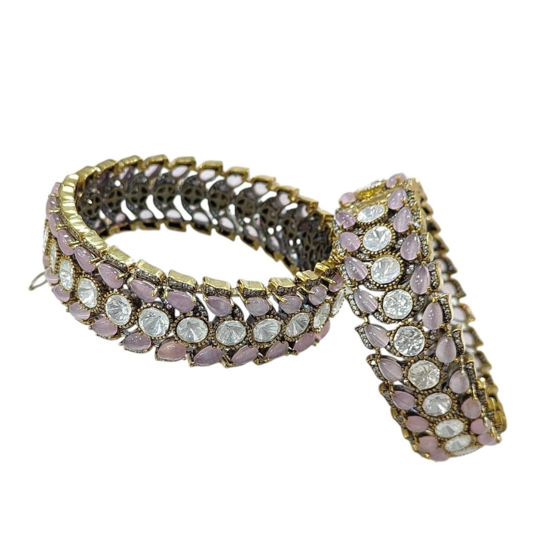 Antique Gold - Plated Pink & White Stone Designer Bangles for Women - Auraa Trends - Bangles - - Auraa Trends - Antique gold - plated bangles with pastel pink teardrop stones and round white crystals, displayed on a neutral background with soft floral decor