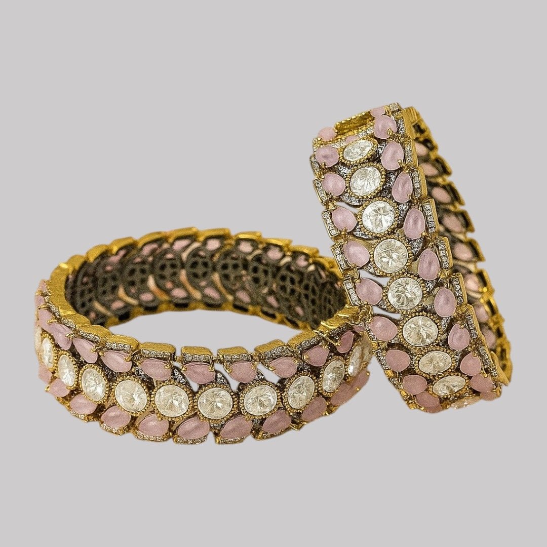Antique Gold - Plated Pink & White Stone Designer Bangles for Women - Auraa Trends - Bangles - - Auraa Trends - Antique gold - plated bangles with pastel pink teardrop stones and round white crystals, displayed on a neutral background with soft floral decor