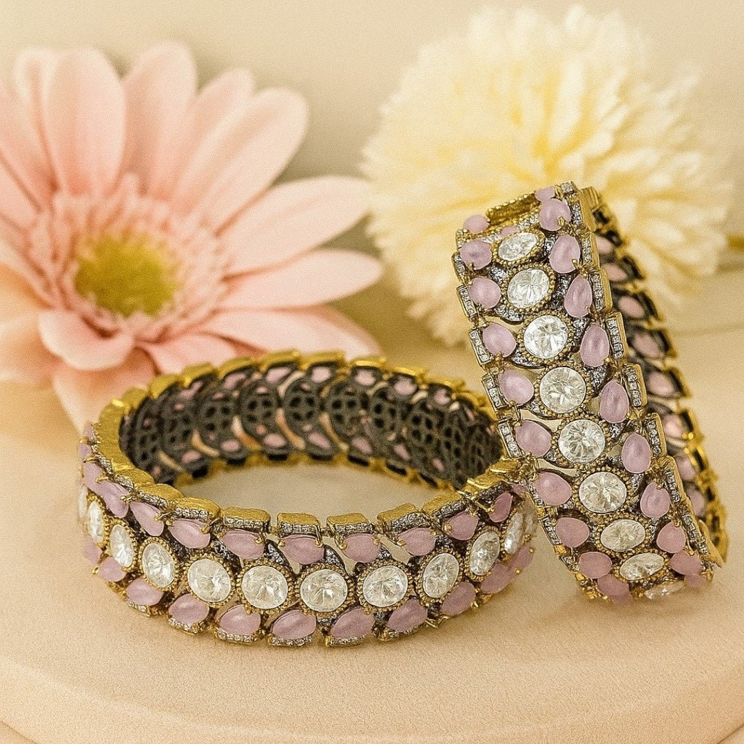 Antique Gold - Plated Pink & White Stone Designer Bangles for Women - Auraa Trends - Bangles - - Auraa Trends - Antique gold - plated bangles with pastel pink teardrop stones and round white crystals, displayed on a neutral background with soft floral decor
