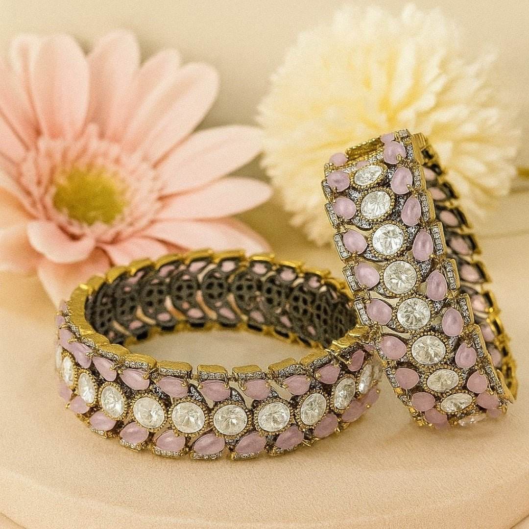 Antique Gold-Plated Pink & White Stone Designer Bangles for Women - Auraa Trends