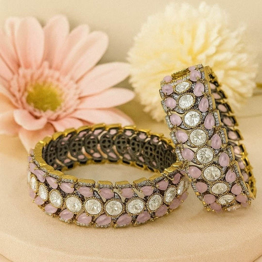 Antique Gold-Plated Pink & White Stone Designer Bangles for Women - Auraa Trends