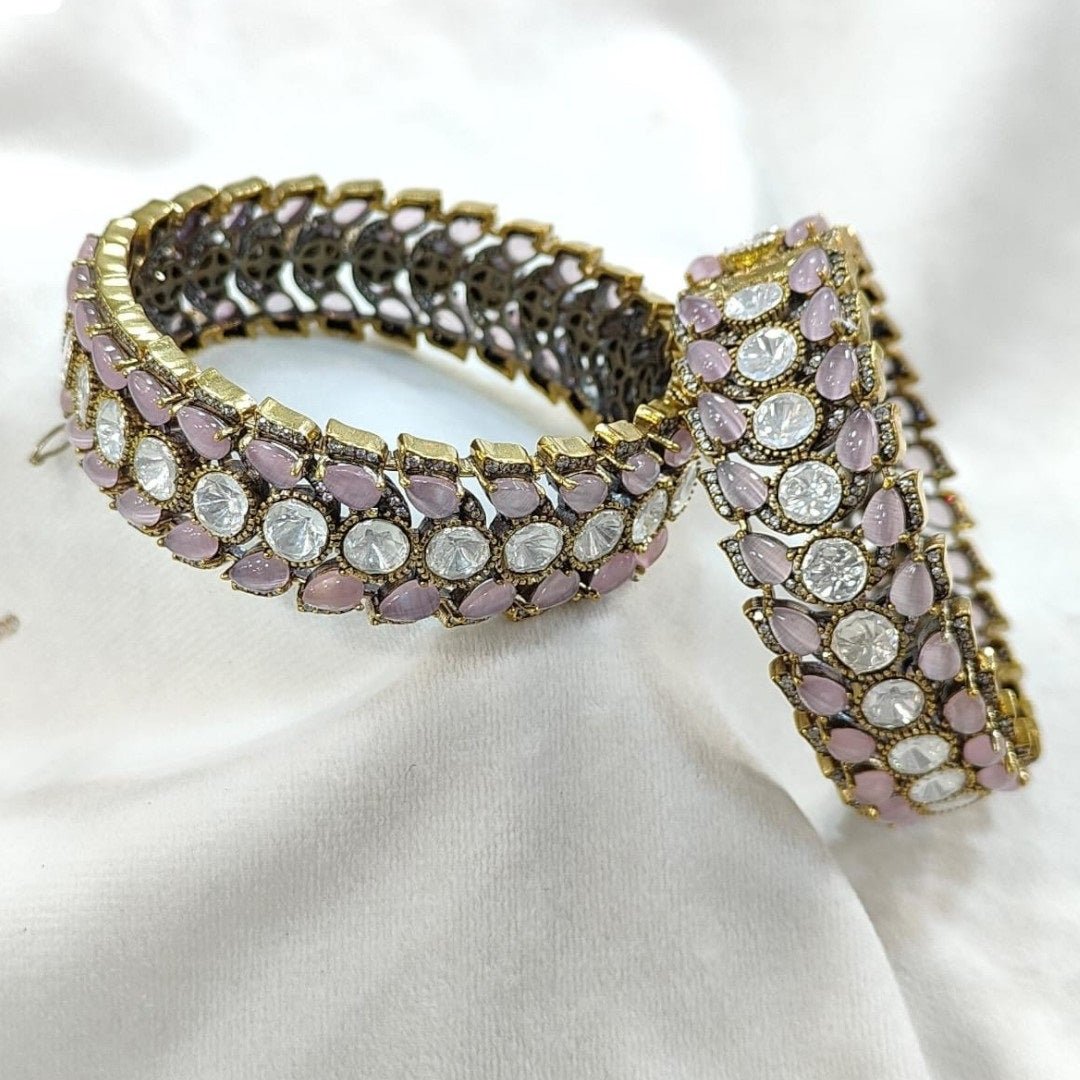 Antique Gold - Plated Pink & White Stone Designer Bangles for Women - Auraa Trends - Bangles - - Auraa Trends - Antique gold - plated bangles with pastel pink teardrop stones and round white crystals, displayed on a neutral background with soft floral decor