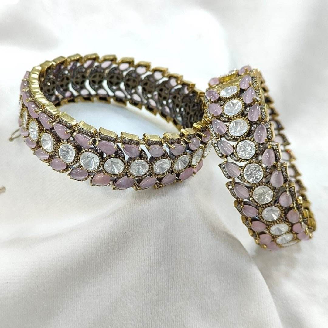 Antique Gold-Plated Pink & White Stone Designer Bangles for Women - Auraa Trends