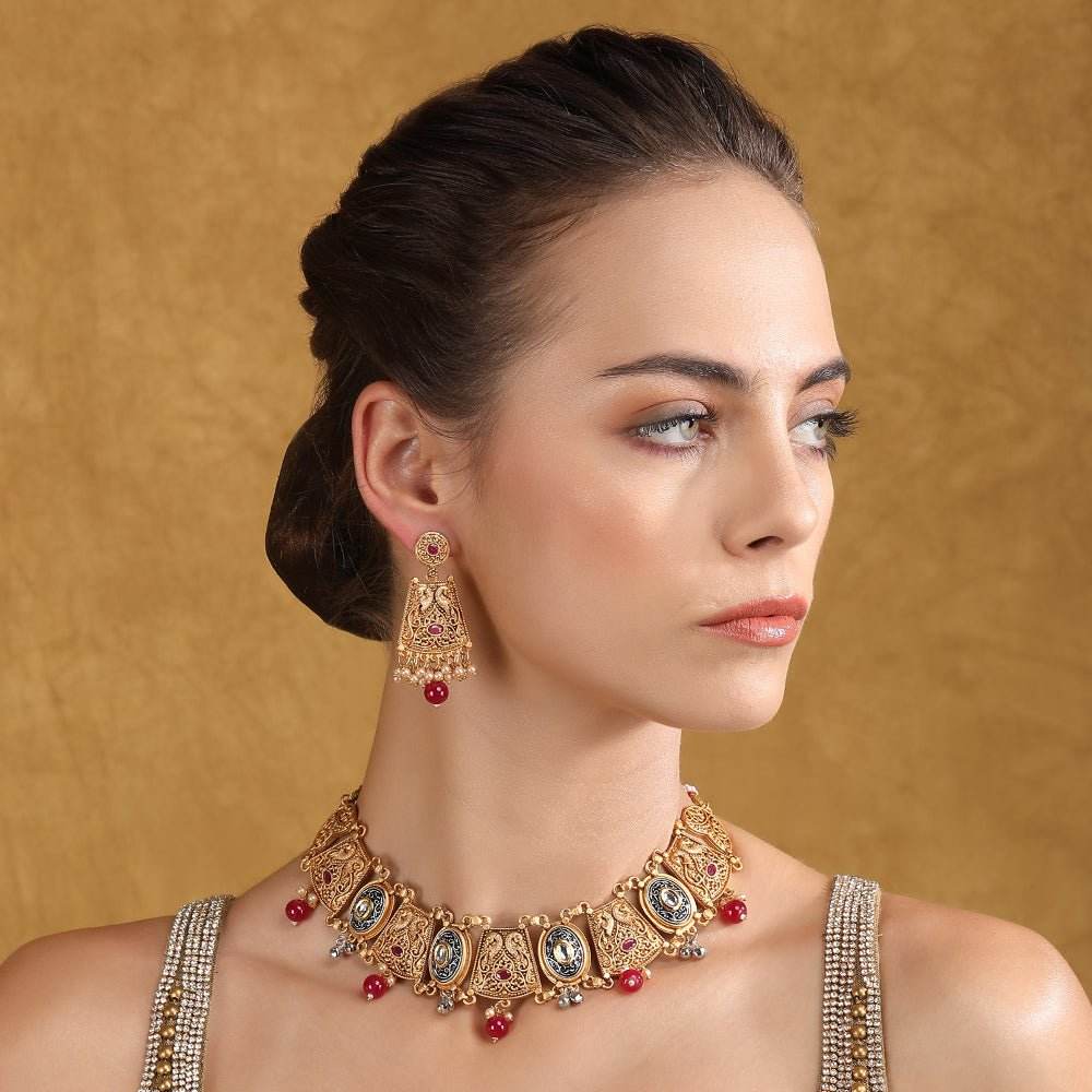 Antique Gold-Plated Temple-Style Choker Jewelry Set with Red Beads - Auraa Trends