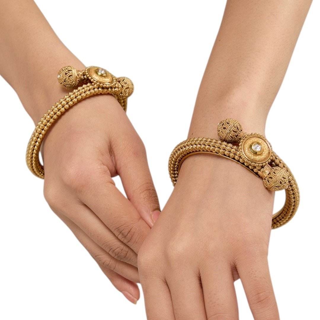 Antique Gold-Plated Traditional Beaded Bangles with Center Stone for Women - Auraa Trends