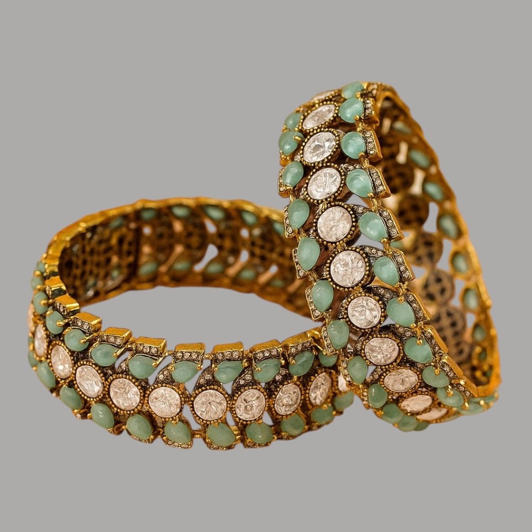 Antique Gold - Plated Turquoise & White Stone Studded Designer Bangles for Women - Auraa Trends - Bangles - - Auraa Trends - Antique Gold - Plated Turquoise & White Stone Studded Designer Bangles for Women