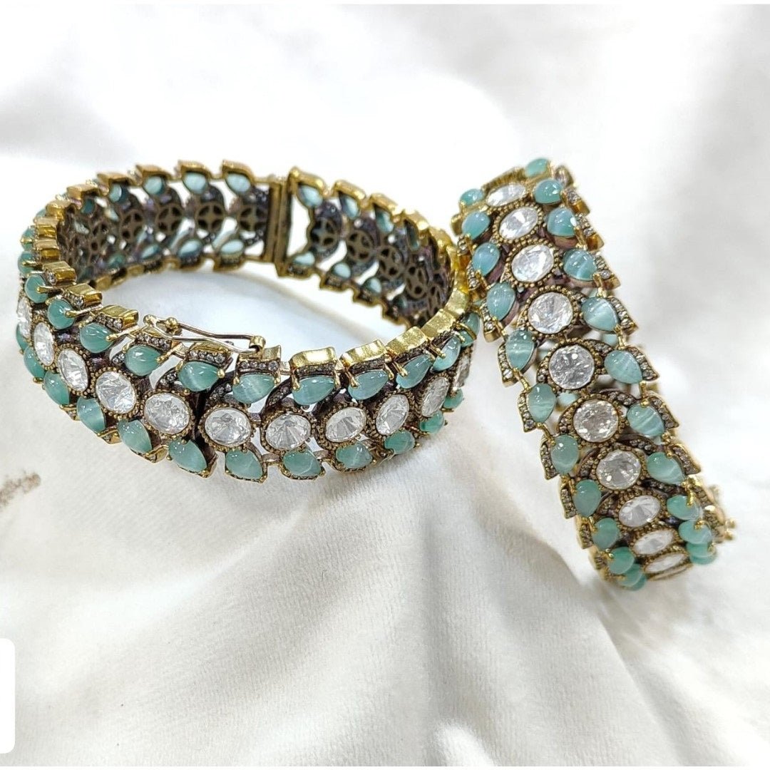 Antique Gold - Plated Turquoise & White Stone Studded Designer Bangles for Women - Auraa Trends - Bangles - - Auraa Trends - Antique Gold - Plated Turquoise & White Stone Studded Designer Bangles for Women