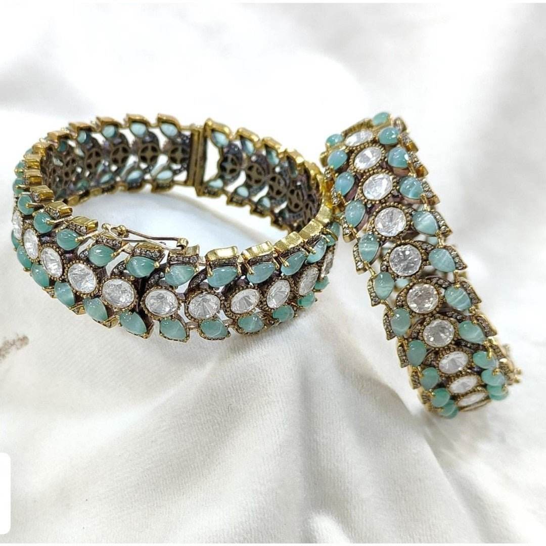 Antique Gold-Plated Turquoise & White Stone Studded Designer Bangles for Women - Auraa Trends