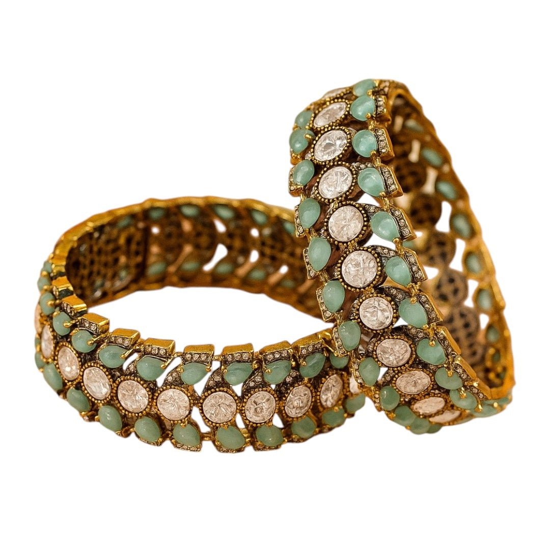 Antique Gold - Plated Turquoise & White Stone Studded Designer Bangles for Women - Auraa Trends - Bangles - - Auraa Trends - Antique Gold - Plated Turquoise & White Stone Studded Designer Bangles for Women