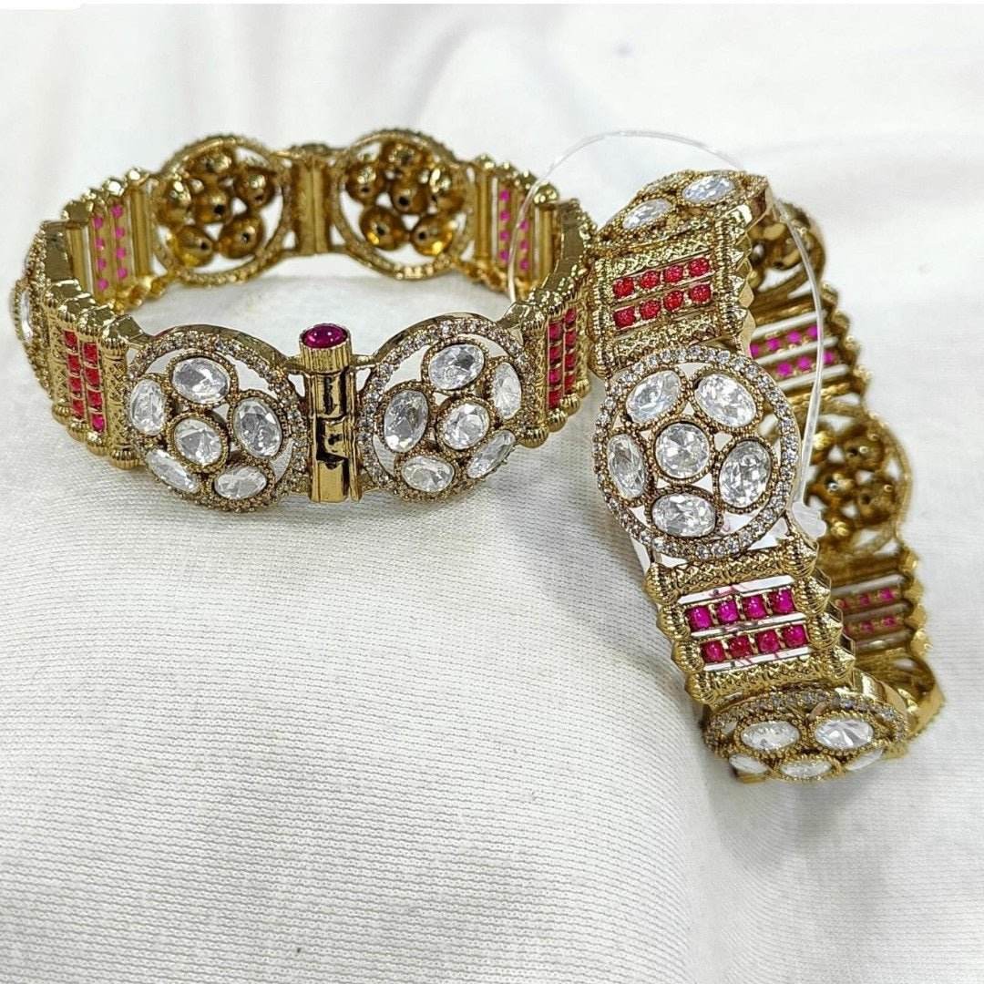 Antique Gold-Plated White & Ruby Red Stone Bangles for Women - Auraa Trends