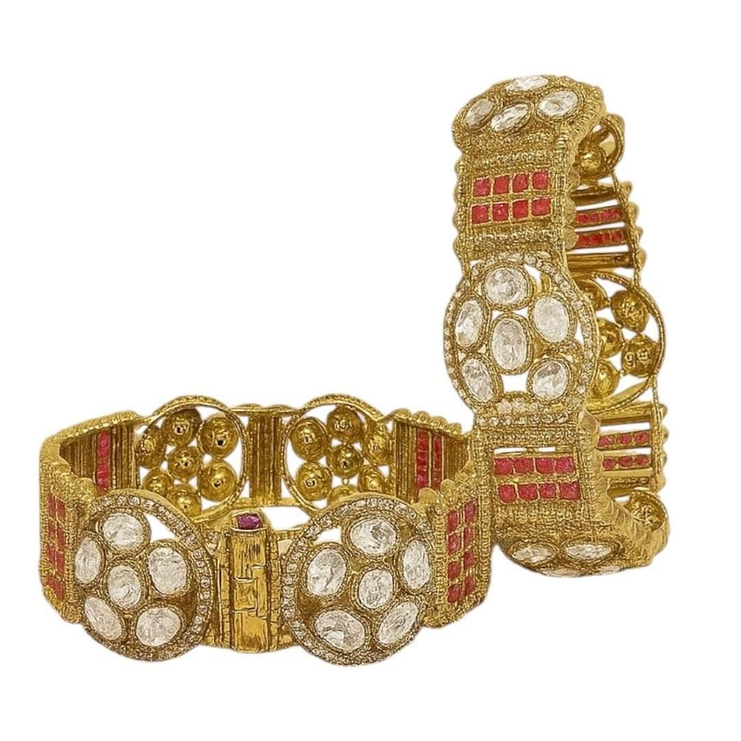 Antique Gold-Plated White & Ruby Red Stone Bangles for Women - Auraa Trends
