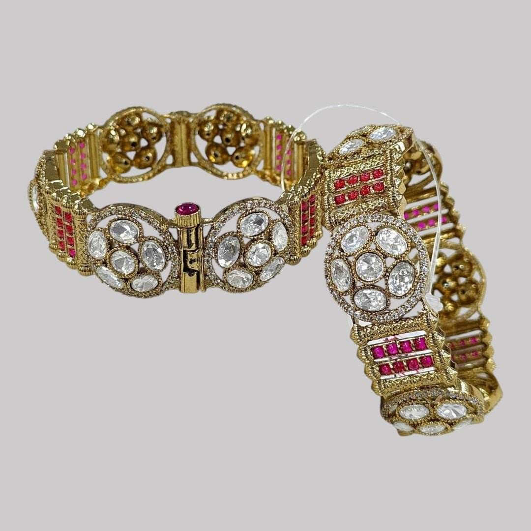 Antique Gold-Plated White & Ruby Red Stone Bangles for Women - Auraa Trends