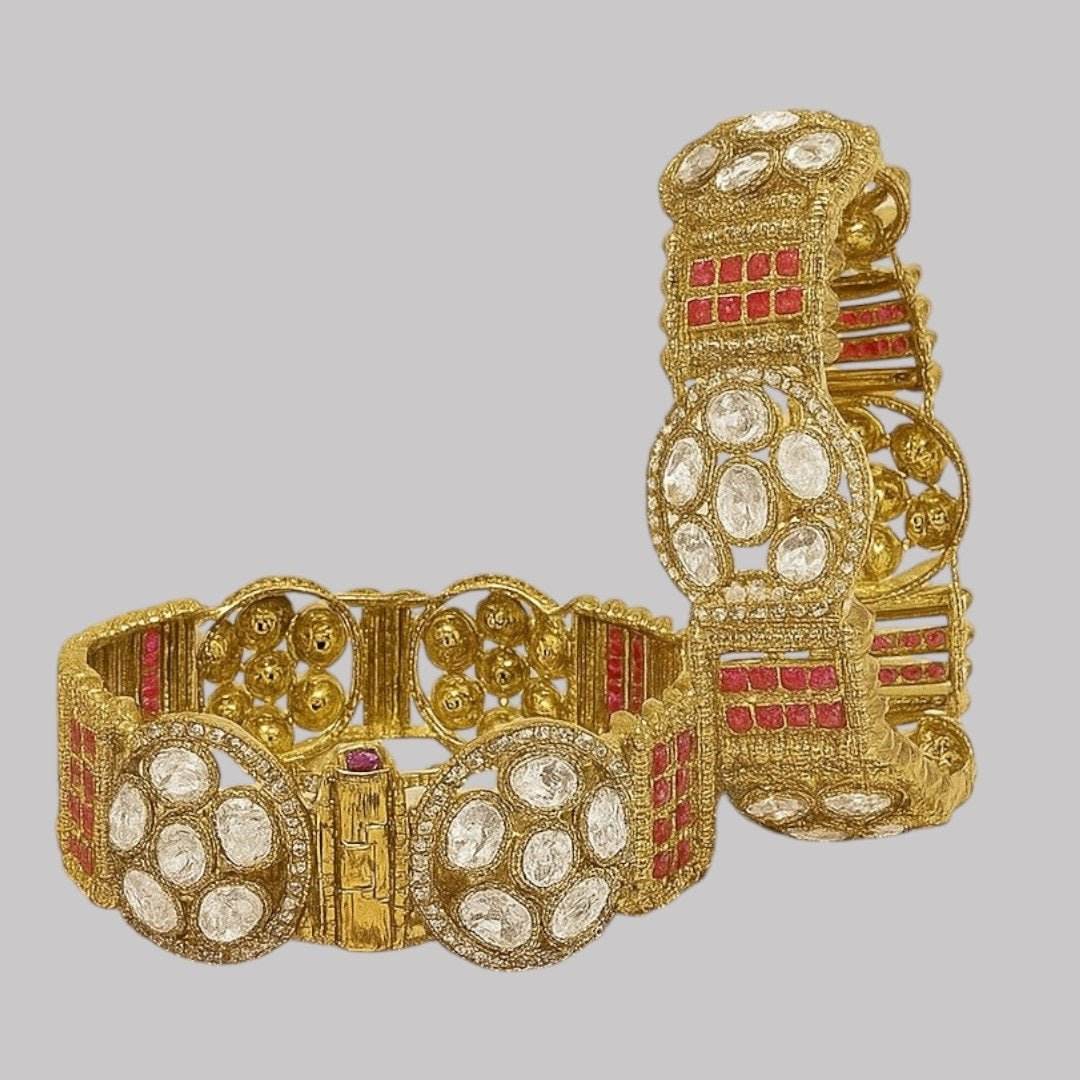 Antique Gold-Plated White & Ruby Red Stone Bangles for Women - Auraa Trends