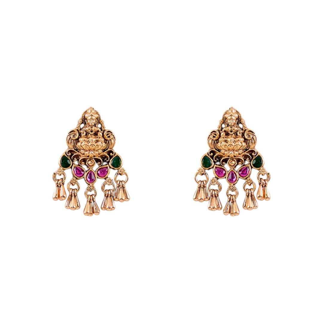 Antique Gold Temple Choker Necklace Set in Multicolor Kundan and Pearl Embellishments - Auraa Trends