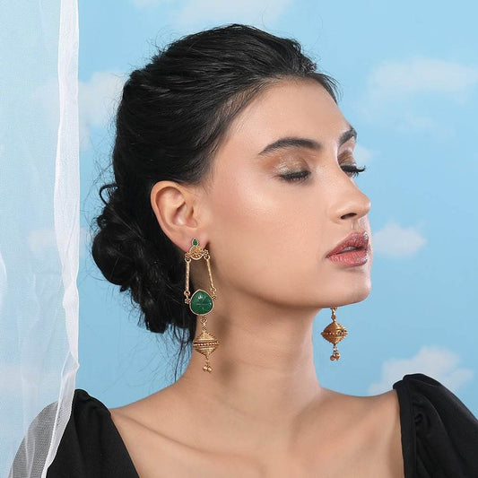 Antique Gold Temple Earrings with Green Accents and Bell Charm - Auraa Trends