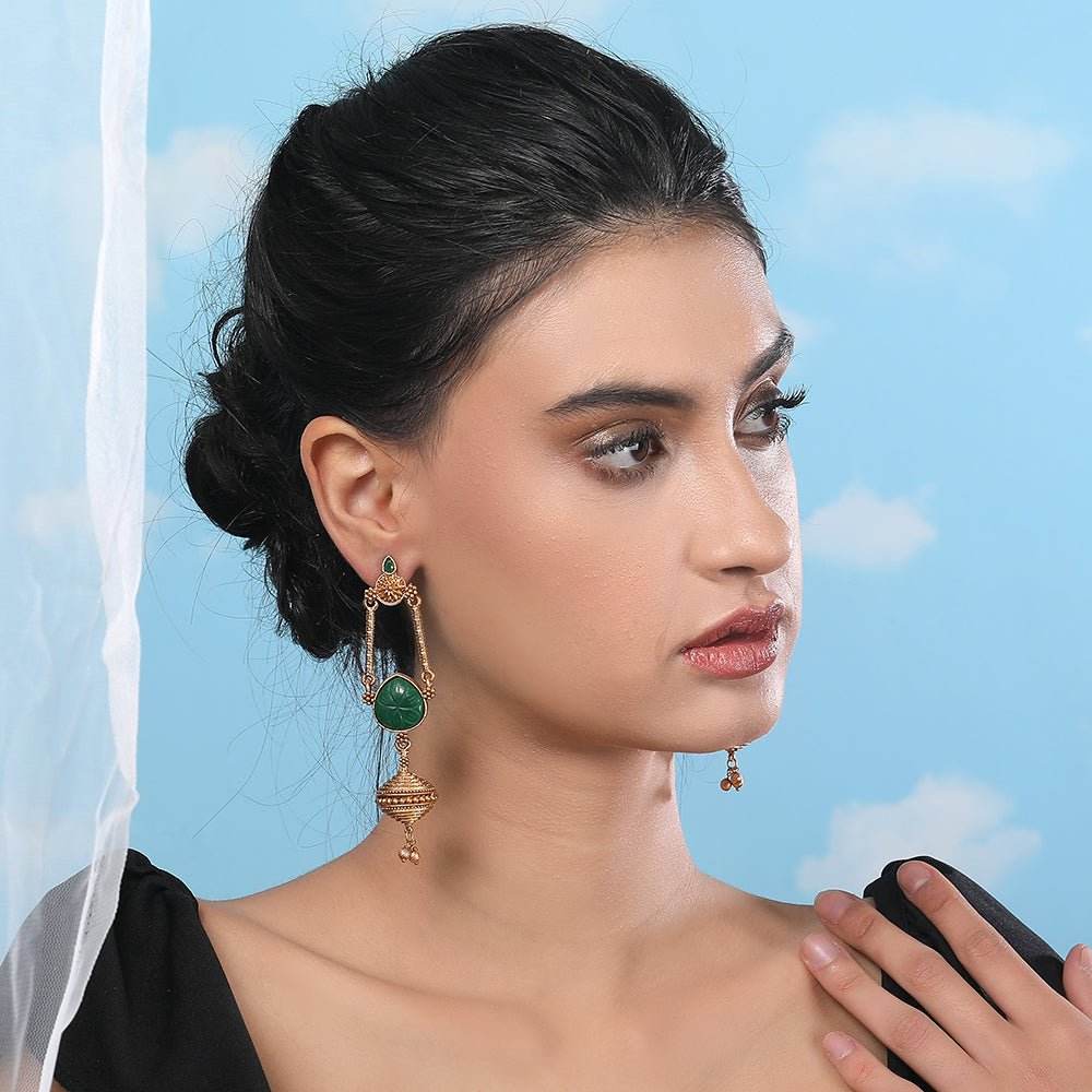 Antique Gold Temple Earrings with Green Accents and Bell Charm - Auraa Trends