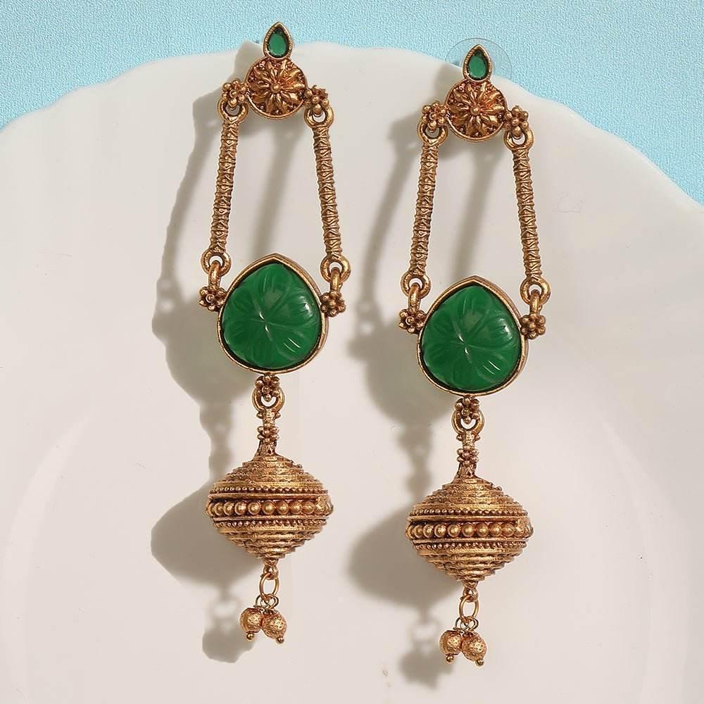 Antique Gold Temple Earrings with Green Accents and Bell Charm - Auraa Trends