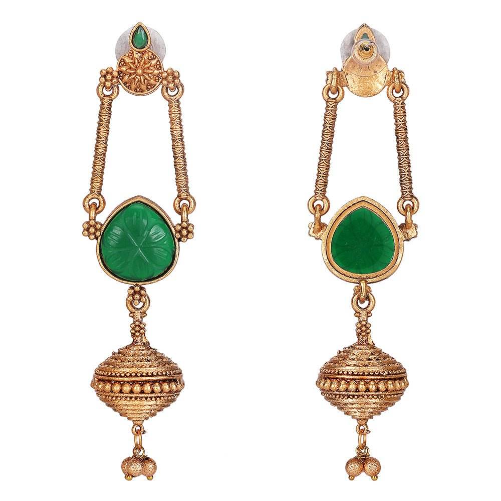 Antique Gold Temple Earrings with Green Accents and Bell Charm - Auraa Trends
