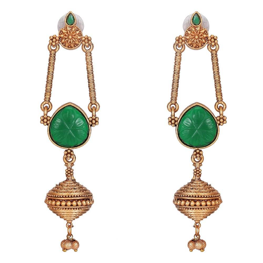 Antique Gold Temple Earrings with Green Accents and Bell Charm - Auraa Trends