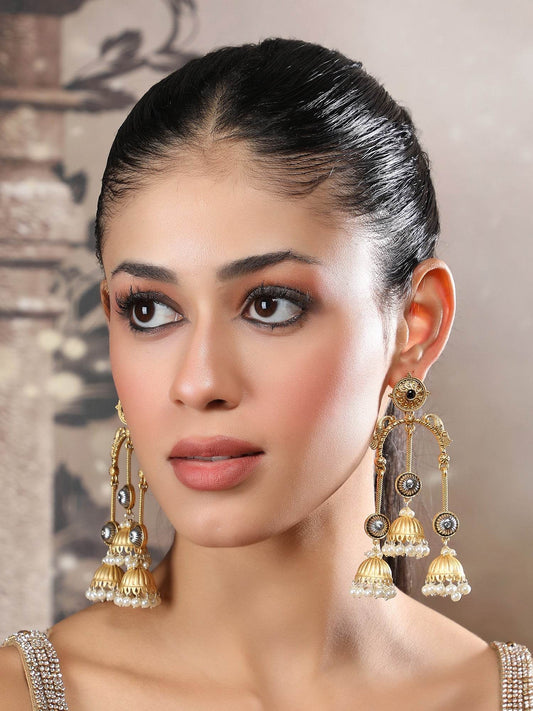 Antique Gold Triple Jhumka Dangler Earrings with Pearl Drops - Auraa Trends