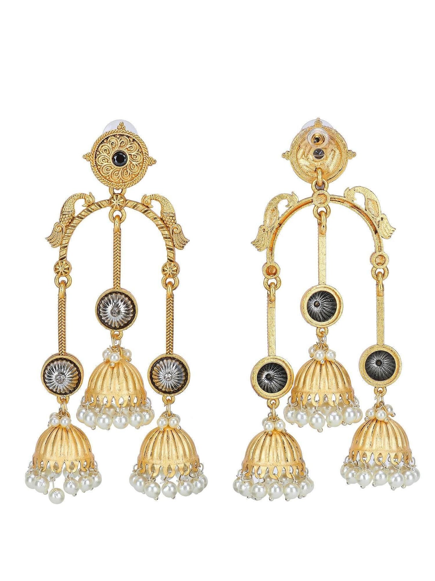 Antique Gold Triple Jhumka Dangler Earrings with Pearl Drops - Auraa Trends