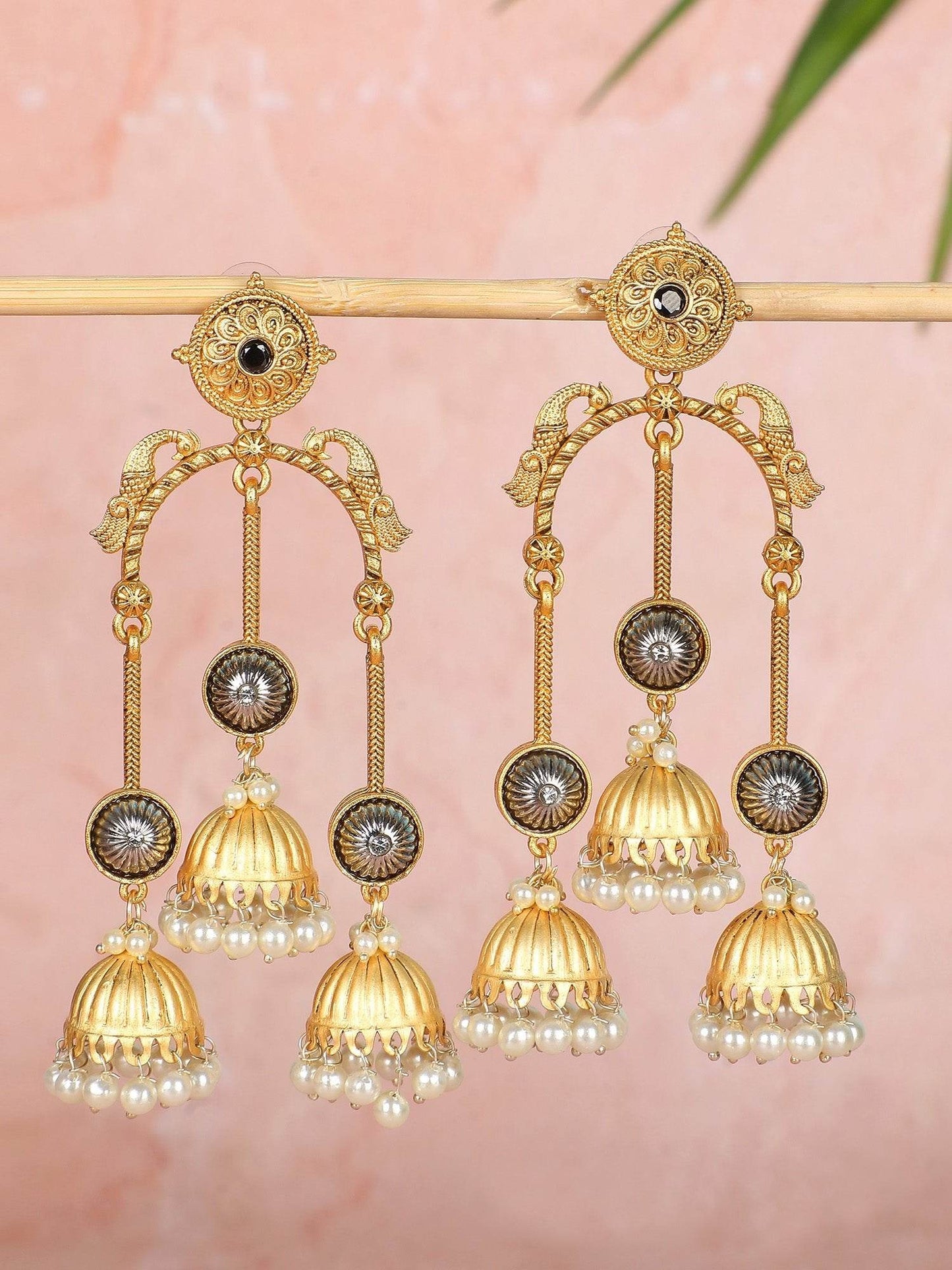 Antique Gold Triple Jhumka Dangler Earrings with Pearl Drops - Auraa Trends